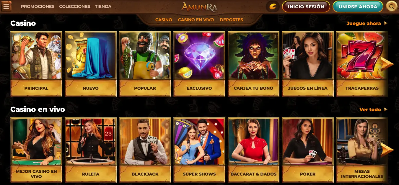 Catálogo de juegos en Amunra casino